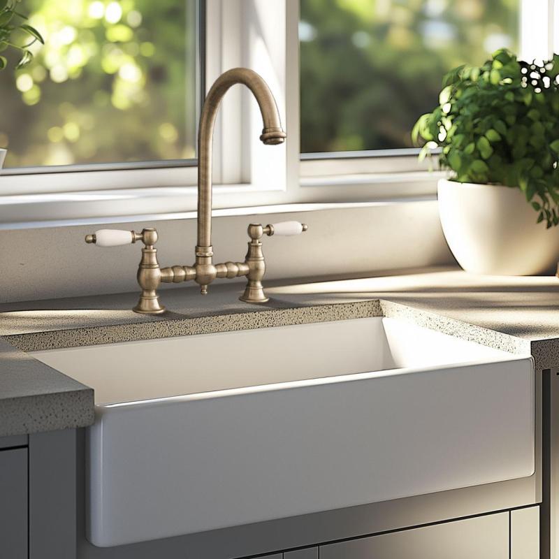 PB Nostalgische Brugkeukenkraan Brons ronde uitloop met witte hendels PBN.BRO.R.WH