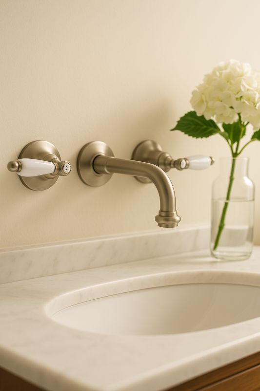 PB klassieke kraan inbouw muurkraan met witte hendels 16 cm uitloop RVS 1208854342