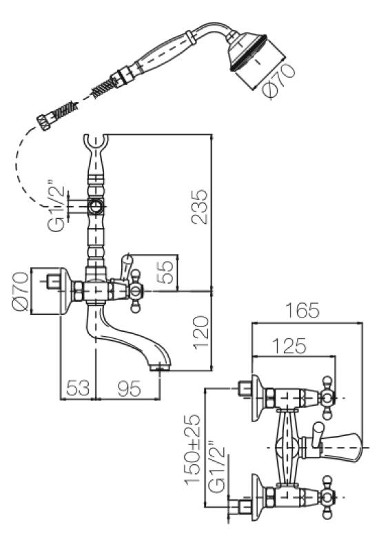 PB klassieke kraan opbouw badkraanset met sterknoppen Chroom inclusief handdouche 1208855152