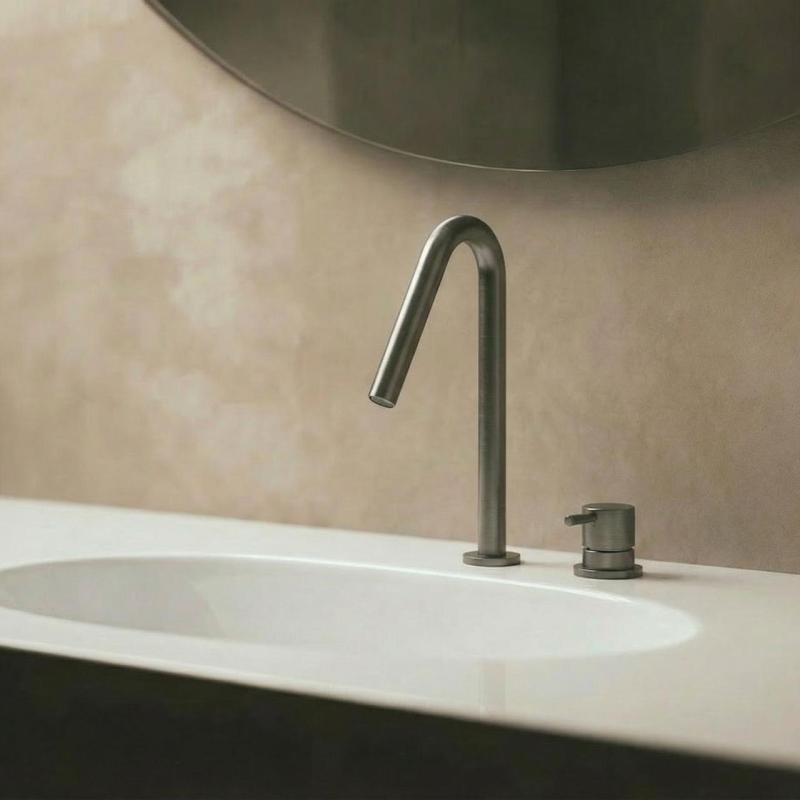 Waterevolution Flow 2-gats wastafelkraan PVD Gun Metal met kleine V 120mm uitloop T1121VGME