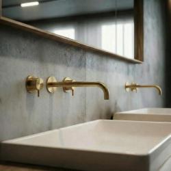 Waterevolution Flow 3-gats Inbouw Wastafelkraan Geborsteld Messing met uitloop 21 cm T1163FLE-21