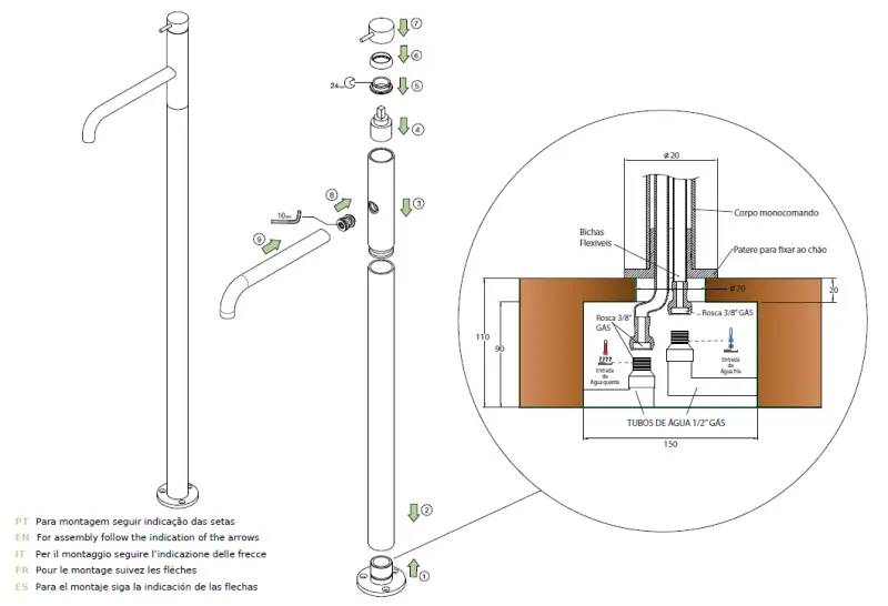Waterevolution Flow vrijstaande wastafelkraan PVD Geborsteld Koper T113CPE
