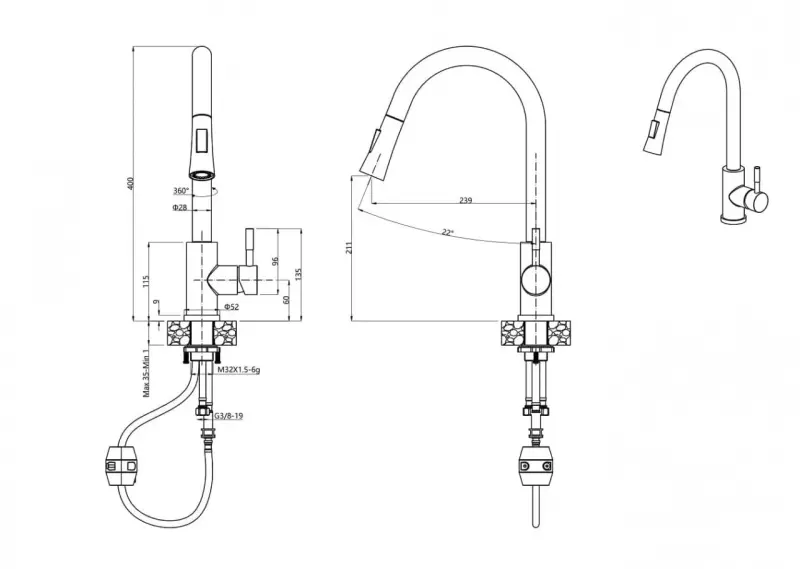 Quadri Leeds keukenmengkraan met uittrekbare douche met 2 standen PVD geborsteld goud 1208955910