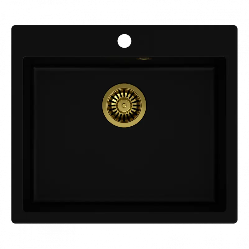 Quadri Sheffield zwarte granieten vlakinbouw spoelbak 57x50cm met kraangatbank en gouden plug 1208956116