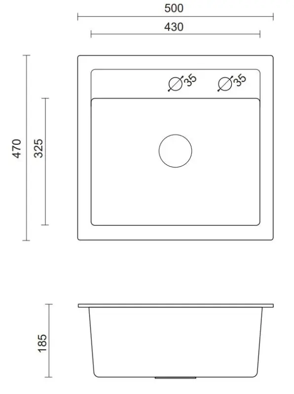 Quadri Londen graniet antraciet spoelbak 50x47 cm met kraangat opbouw 1208956320
