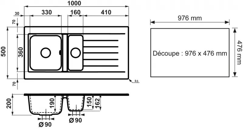 Ausmann Fibre 1,5 zwarte kunststof spoelbak omkeerbaar met afdruip opbouw 100x50 cm 1208956783
