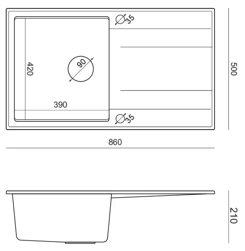 Quadri Luton zwarte granieten opbouw spoelbak met afdruipvlak omkeerbaar 86x50cm met zwarte plug 1208957327