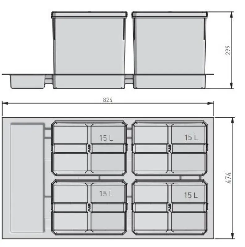 Garbi Basket B-90-4 sorteer afvalsysteem voor lade 90cm  incl. houder en 4 x 15 liter afvalbakken 1208957479