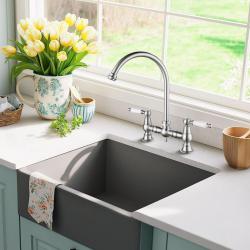 AquaTrimo Country 2 gats  klassieke keuken nostalgische brug keukenkraan met ronde uitloop kleur RVS 21CT7655NM