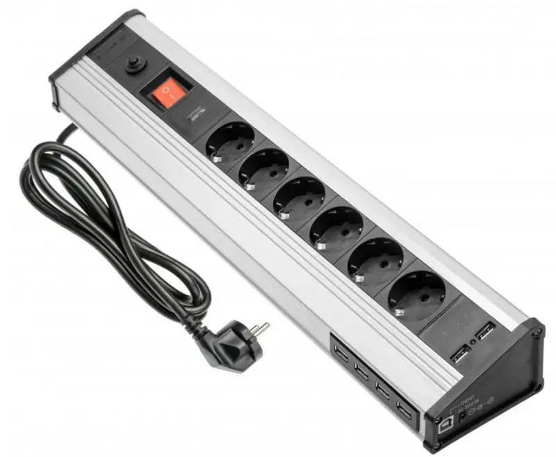 Indux Corner hoek en vrijstaande stopcontact aluminium met 6 randaarde stopcontacten en 6 USB 1208957851