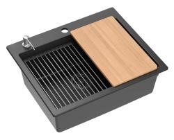 Quadri Durham zwart graniet opbouw spoelbak 595x500 met zeepdispenser, snijplank, inzetbak en rolmat 1208957904
