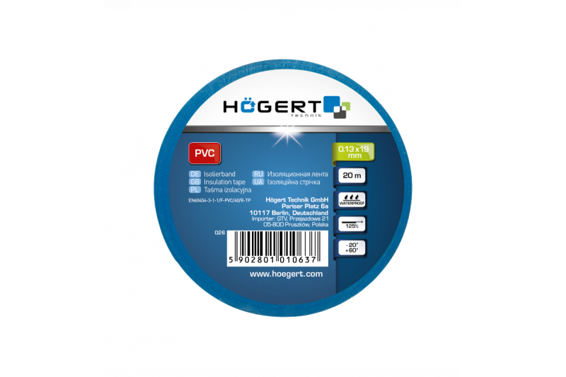 Hoegert Isolatietape 0,13 mm x 19 mm x 20 m blauw 1208959569
