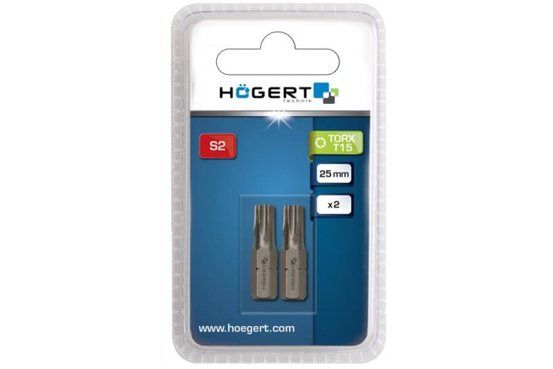 Hoegert Schroevendraaier bit TORX 15 25 mm S2 staal 2 stuks blisterverpakking 1208959891
