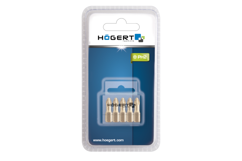 Hoegert Schroevendraaier bit PH2 25 mm S2 staal titanium gecoat 5-delige blister 1208959896