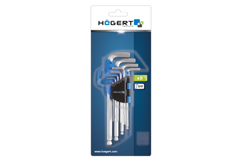 Hoegert 9-delige set zeskantige inbussleutels met kogelkop, gemaakt van CrV-staal. 1208960097