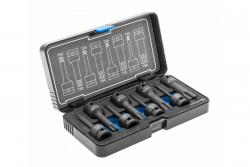 Hoegert Spline impact bit sockets kit Torx 8 pcs 1/2" CrMo vertaalt naar het Nederlands als: Spline impact bit dopsleutelset Torx 8 stuks 1/2" CrMo. 1208961910