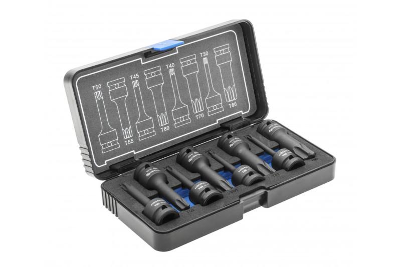 Hoegert Spline impact bit sockets kit Torx 8 pcs 1/2" CrMo vertaalt naar het Nederlands als: Spline impact bit dopsleutelset Torx 8 stuks 1/2" CrMo. 1208961910