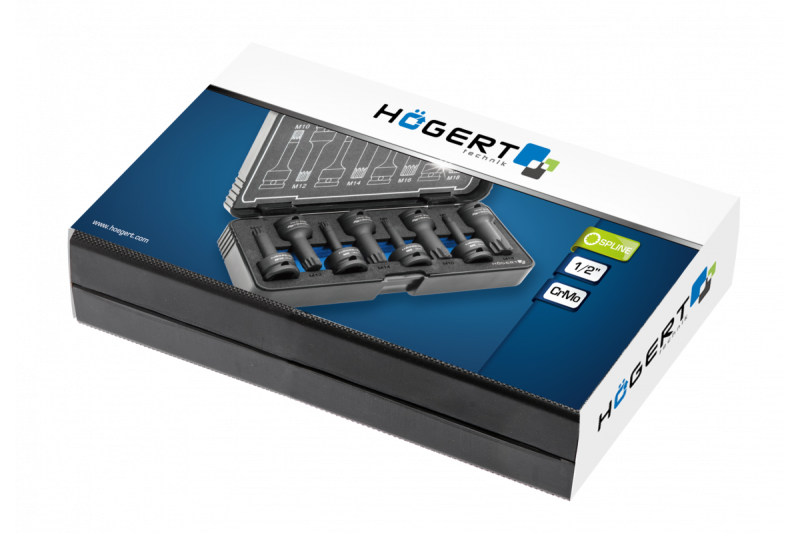 Hoegert Spline impact bit sockets kit Torx 8 pcs 1/2" CrMo vertaalt naar het Nederlands als: Spline impact bit dopsleutelset Torx 8 stuks 1/2" CrMo. 1208961910