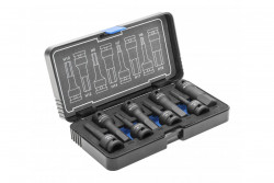 Hoegert Spline impact bit sockets kit Hex 8 pcs 1/2" CrMo vertaalt naar het Nederlands als: Spline impact bit dopsleutelset Hex 8 stuks 1/2" CrMo. 1208961911