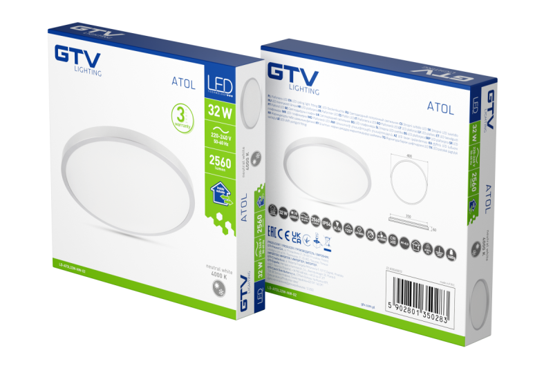 Ceiling lamp ATOL LED, Ø400mm, 4000K, 32W, 2560lm, AC220-240V, 50/60 Hz, PF>0,9, IP54, silver, 3y 1208962643