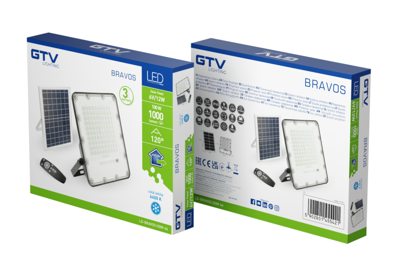 Solar LED floodlight BRAVOS, 100W, 1000lm, 6400K, IP65, 120°, solar panel, remote control, 3y 1208962681