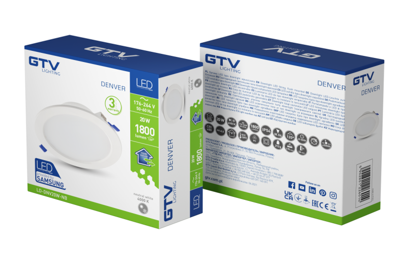 DENVER LED downlight, IP54, 20W, 1800lm, AC176-264V, 50/60Hz, 120°, 4000K, recessed, white 1208962727
