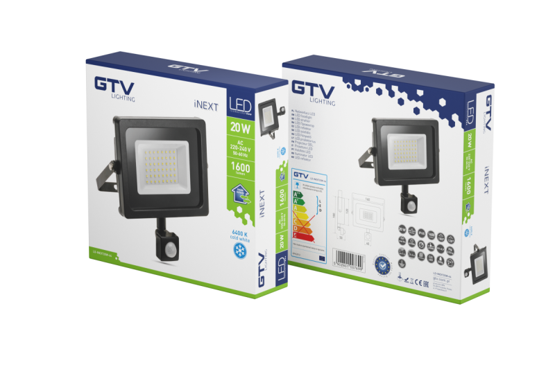 LED floodlight iNEXT with motion sensor 20W 1600lm, PF>0,9, RA>80, IP65, 120°, 6400K, black body 1208962859