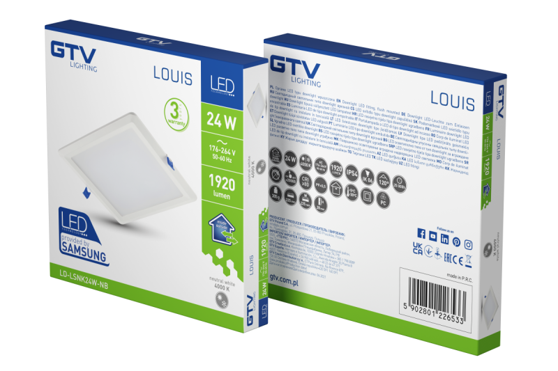 LOUIS LED downlight, IP54, 24W, 1920lm, AC176-264V, 50/60Hz, 120°, 4000K, surface-mounted, square 1208962921