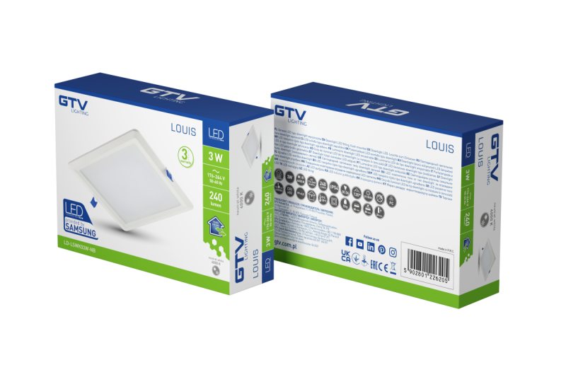 LOUIS LED downlight, IP54, 3W, 240lm, AC176-264V, 50/60Hz, 120°, 4000K, recessed, square 1208962925