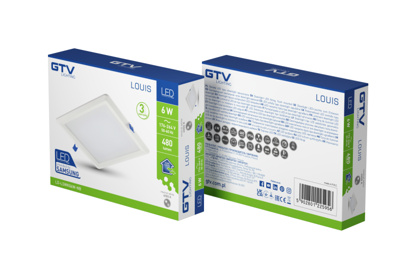 LOUIS LED downlight, IP54, 6W, 480lm, AC176-264V, 50/60Hz, 120°, 4000K, recessed, square 1208962926