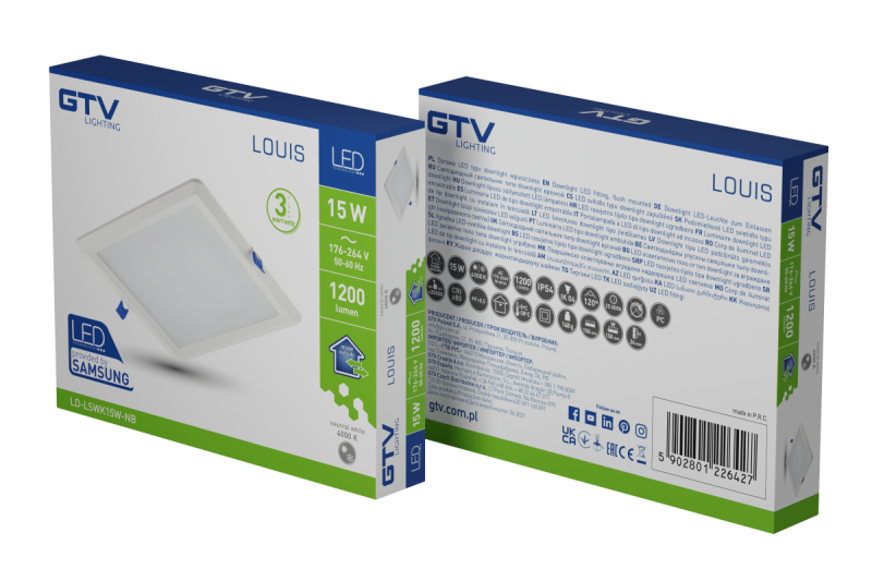 LOUIS LED downlight, IP54, 15W, 1200lm, AC176-264V, 50/60Hz, 120°, 4000K, recessed, square 1208962927
