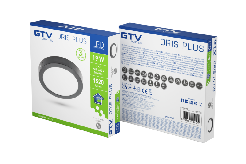 LED fixture ORIS PLUS, downlight, 19W, black, 4000K, 1520lm, AC220-240V, surface mounted, IP20, 120° 1208963051