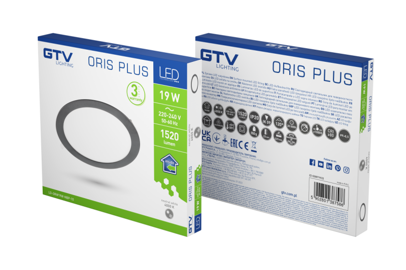 LED fixture ORIS PLUS, downlight, 19W, black, 4000K, 1520lm, AC220-240V, recessed, IP20, 120° 1208963077