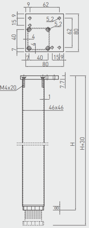 Vierkante 46mm aluminium tafelpoot 82 cm hoog + 3cm in hoogte verstelbaar 1208963488