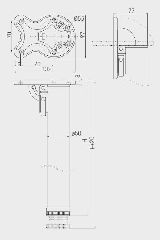 Inklapbare tafelpoot wit 71cm hoog 50mm diameter en 2cm verstelbaar 1208963574