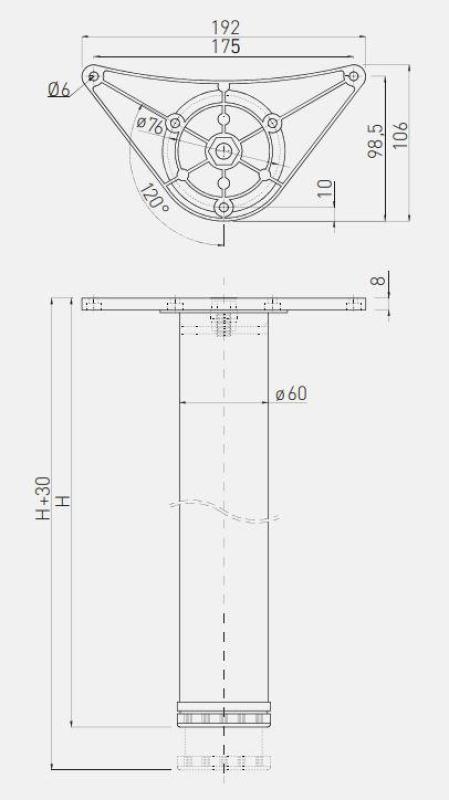 Tafelpoot rond zwart 82cm hoog verstelbaar 3cm met poot diameter 6cm 1208963589