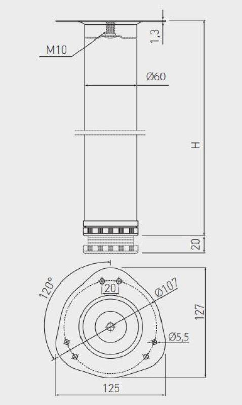 Tafelpoot rond satijn 71cm hoog verstelbaar 2cm met poot diameter 6cm 1208963630