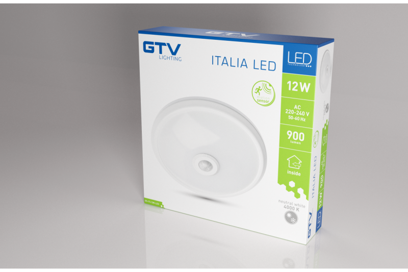 LED ceiling fixture ITALIA 12W with sensor, 900lm, IP20,  AC220-240V, 50/60Hz, beam angle 360°, neutral white, white housing 1208963897