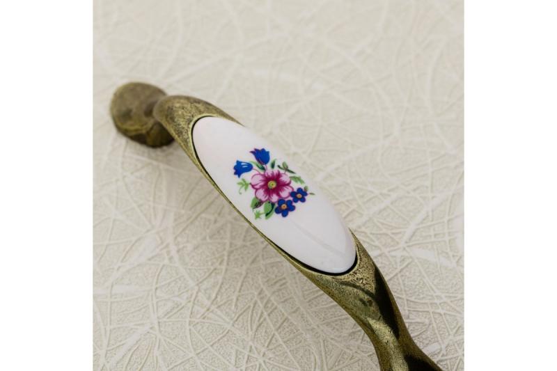 Porcelain handle 728P C=96mm antique brass R-pink flower 1208965704
