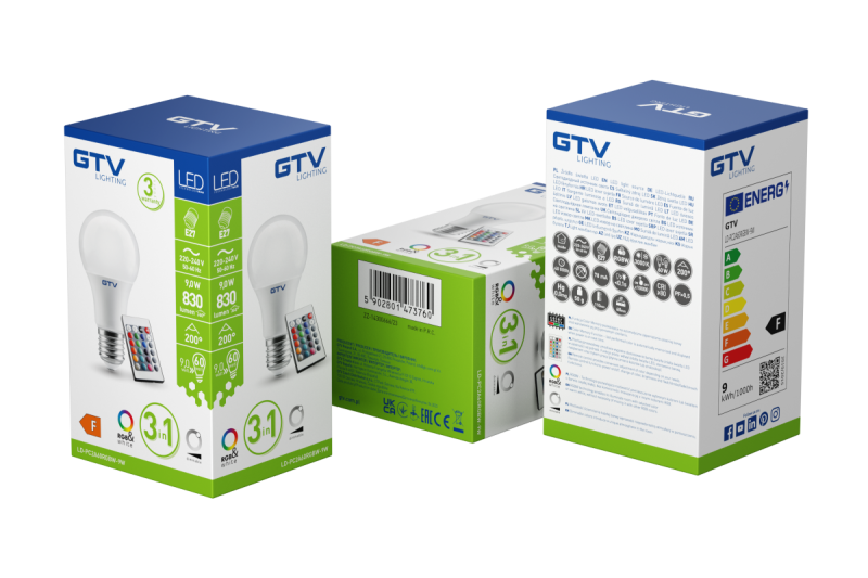 LED LIGHT SOURCE, RGBW, A-G, 3000K, A60, E27, 9W, AC220-240V, 200°, 830lm, 78mA, RGBW remote control 1208966961