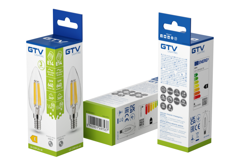 LED LIGHT SOURCE, FILAMENT, A-G, C35, 4000K, E14, 5,8W, AC220-240V, 360°, 640lm, 50mA 1208966965