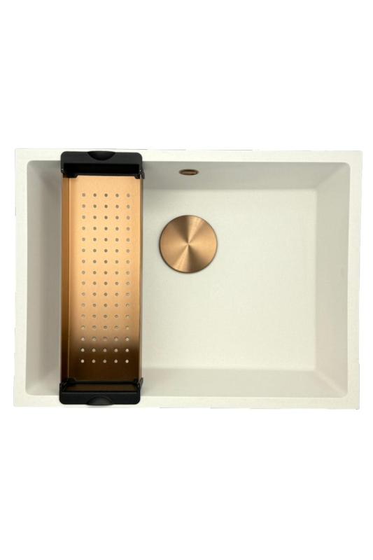 GraniteMy Universal granieten witte spoelbak 55x40 cm wit opbouw onderbouw en vlakinbouw met koperen plug 1208967156