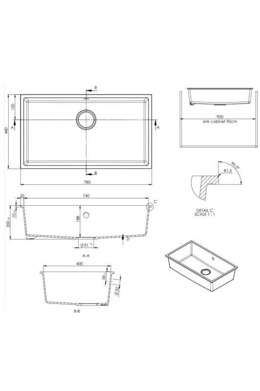 GraniteMy Universal granieten grote witte spoelbak 74x40 cm wit opbouw onderbouw en vlakinbouw met koperen plug 1208967162