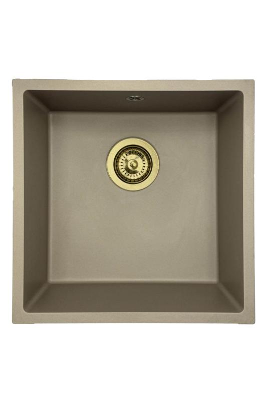 GraniteMy Universal granieten taupe spoelbak 40x40 cm opbouw, onderbouw en vlakinbouw met gouden plug 1208967215