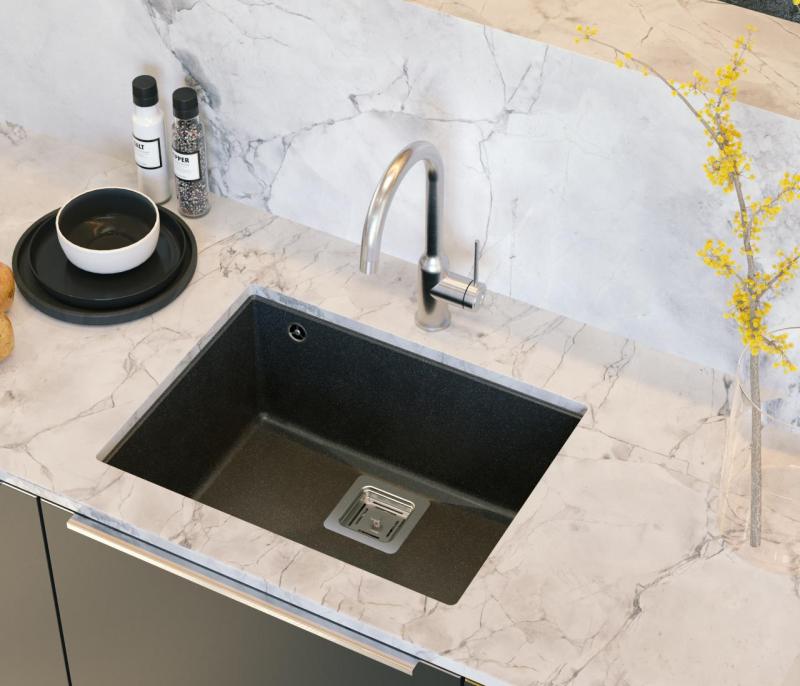 Quadri Quadrangle antraciet graniet onderbouw spoelbak 55x42cm met rvs plug 1208967273