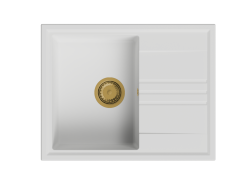 GraniteMy Vesi granieten opbouw witte spoelbak 64x50cm met afdruip omkeerbaar met goud (geborsteld messing) plug 1208967300