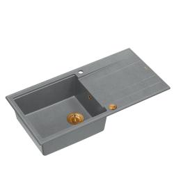 Quadri Luton grijs granieten opbouw spoelbak met afdruipvlak omkeerbaar 100x50cm met koperen plug 1208967324