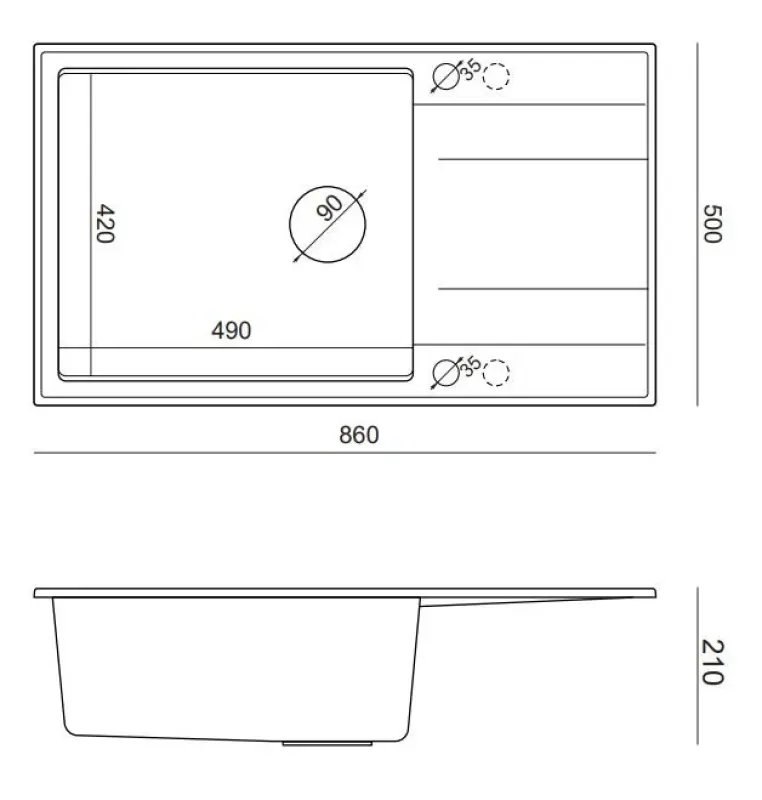 Quadri Luton witte granieten grote opbouw spoelbak met afdruipvlak omkeerbaar 86x50cm met koperen plug 1208967328