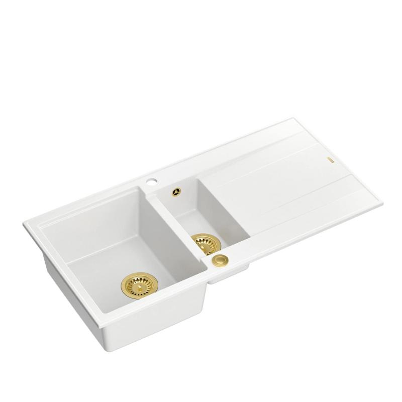 Quadri Luton witte granieten opbouw 1,5 spoelbak met afdruipvlak omkeerbaar 100x50cm met gouden plug 1208967348