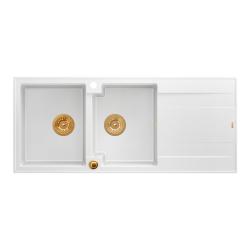 Quadri Luton opbouw dubbele graniet spoelbak wit met afdruipgedeelte 116x50 cm met koperen plug 1208967359